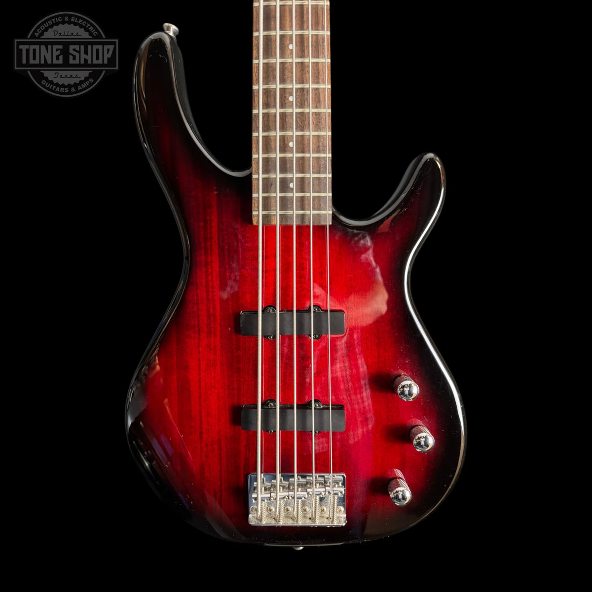Front of Used Squier by Fender MB-5 Modern Bass Black Cherry Burst.