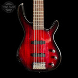 Front of Used Squier by Fender MB-5 Modern Bass Black Cherry Burst.