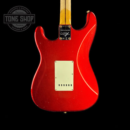 Back of body of Fender Custom Shop Limited Edition 56 Strat Journeyman Relic Super Faded Aged Candy Apple Red.