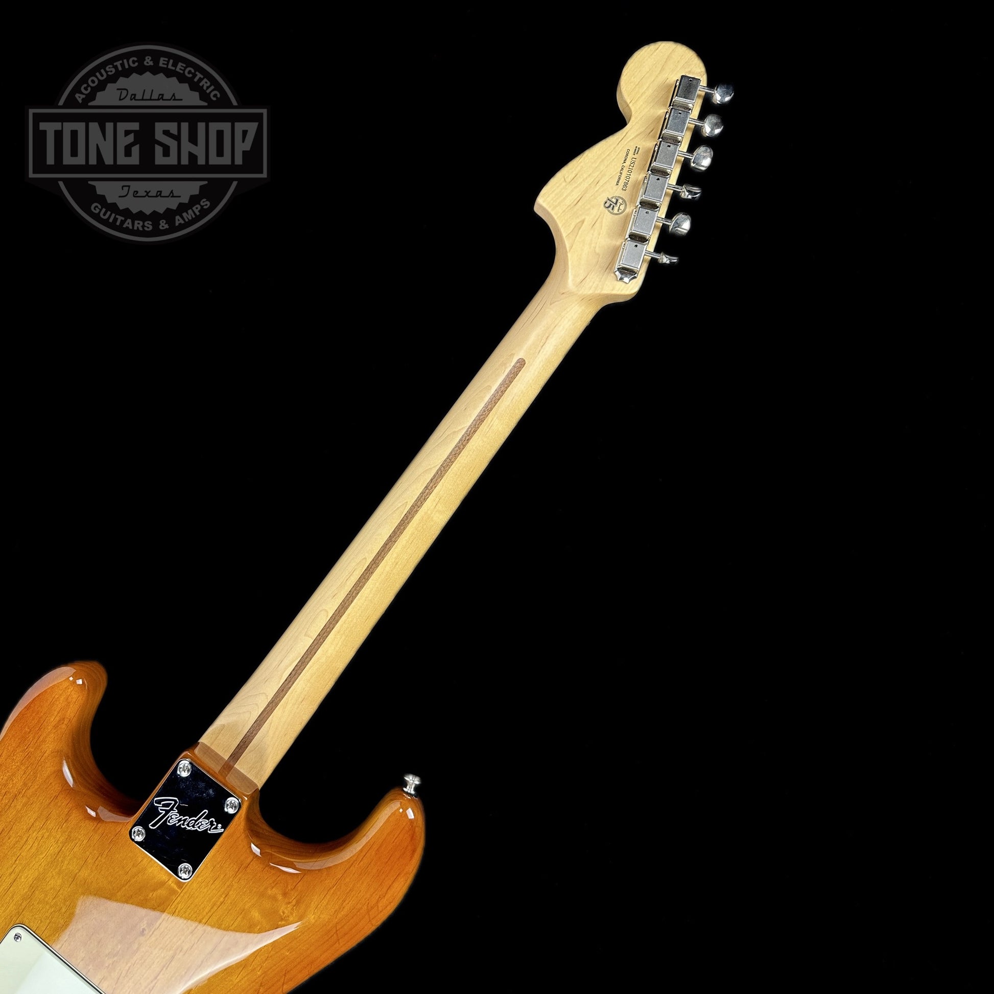 Back of neck of Used 2021 Fender American Performer Strat Honeyburst.