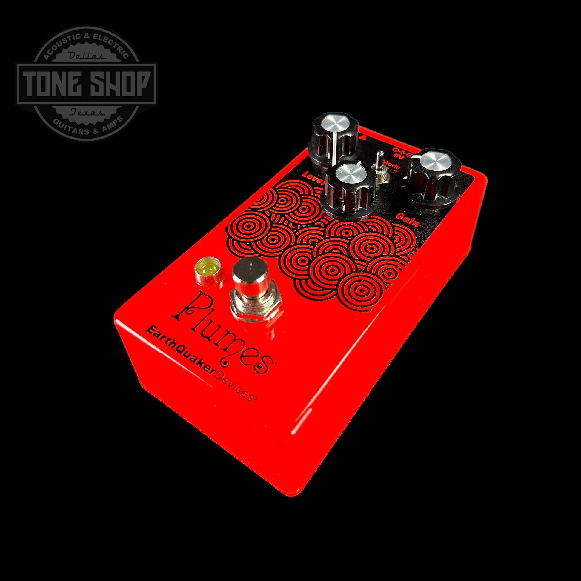 Front angle of EarthQuaker Devices Plumes Tone Shop Custom Candy Apple Red.