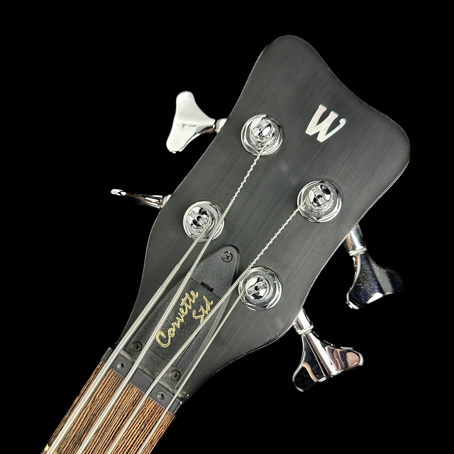 Front of headstock of Used Warwick Corvette Standard Natural.