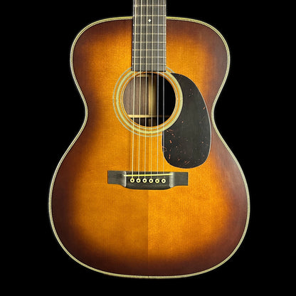 Front of body of Used Martin Custom Shop 000-28 Authentic 1937 Stage 1 Aging Ambertone Burst.
