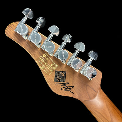 Back of headstock of Used Schecter Nick Johnston Traditional HSS Atomic Mist.