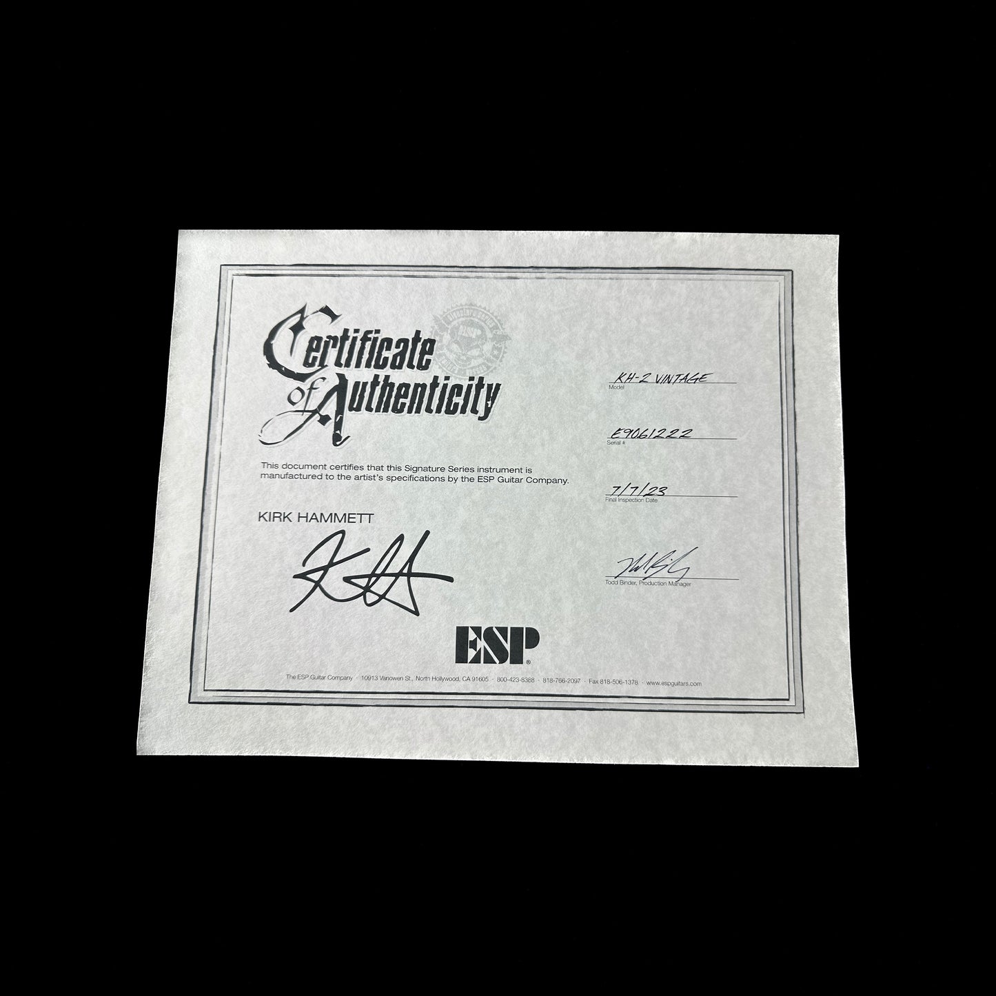 Front of ESP KH-2 Vintage Kirk Hammett Signature Series Distressed Black Certificate of Authenticity.