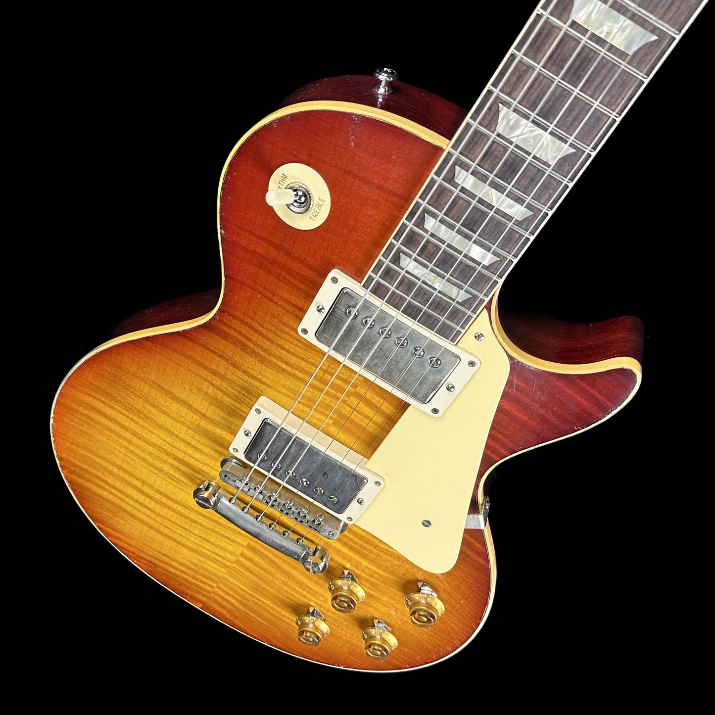 Front angle of Gibson Custom Shop M2M 1959 Les Paul Standard Slow Iced Tea Fade Murphy Lab Light Aged.