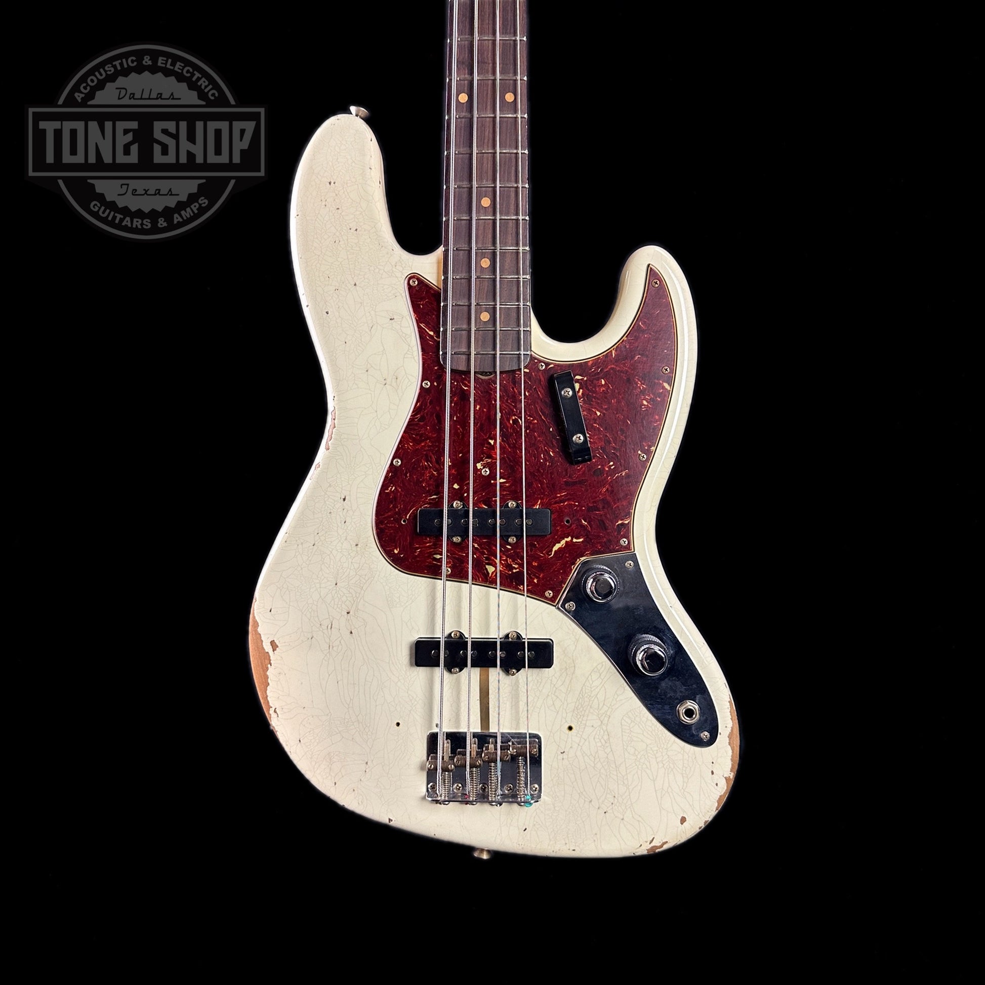 Front of body of Used Fender Custom Shop LTD '60s Jazz Bass Olympic White Relic Aged.
