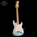 Full frontal of Used 2025 Squier Affinity Stratocaster Junior HSS Ice Blue Metallic TSS7571.