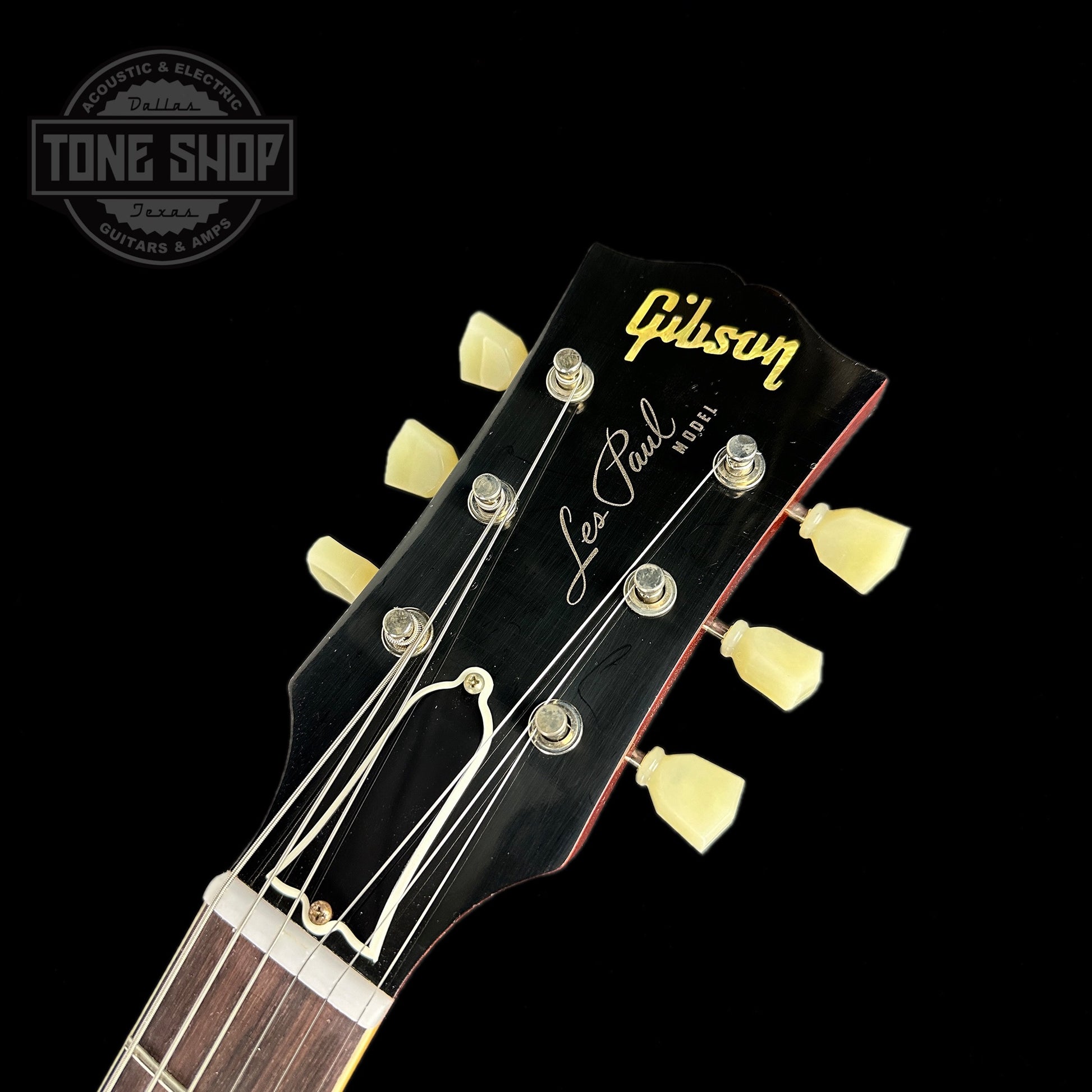 Front of headstock of Gibson Custom Shop M2M 1959 Les Paul Standard Kindred Burst Murphy Lab Ultra Light Aged.