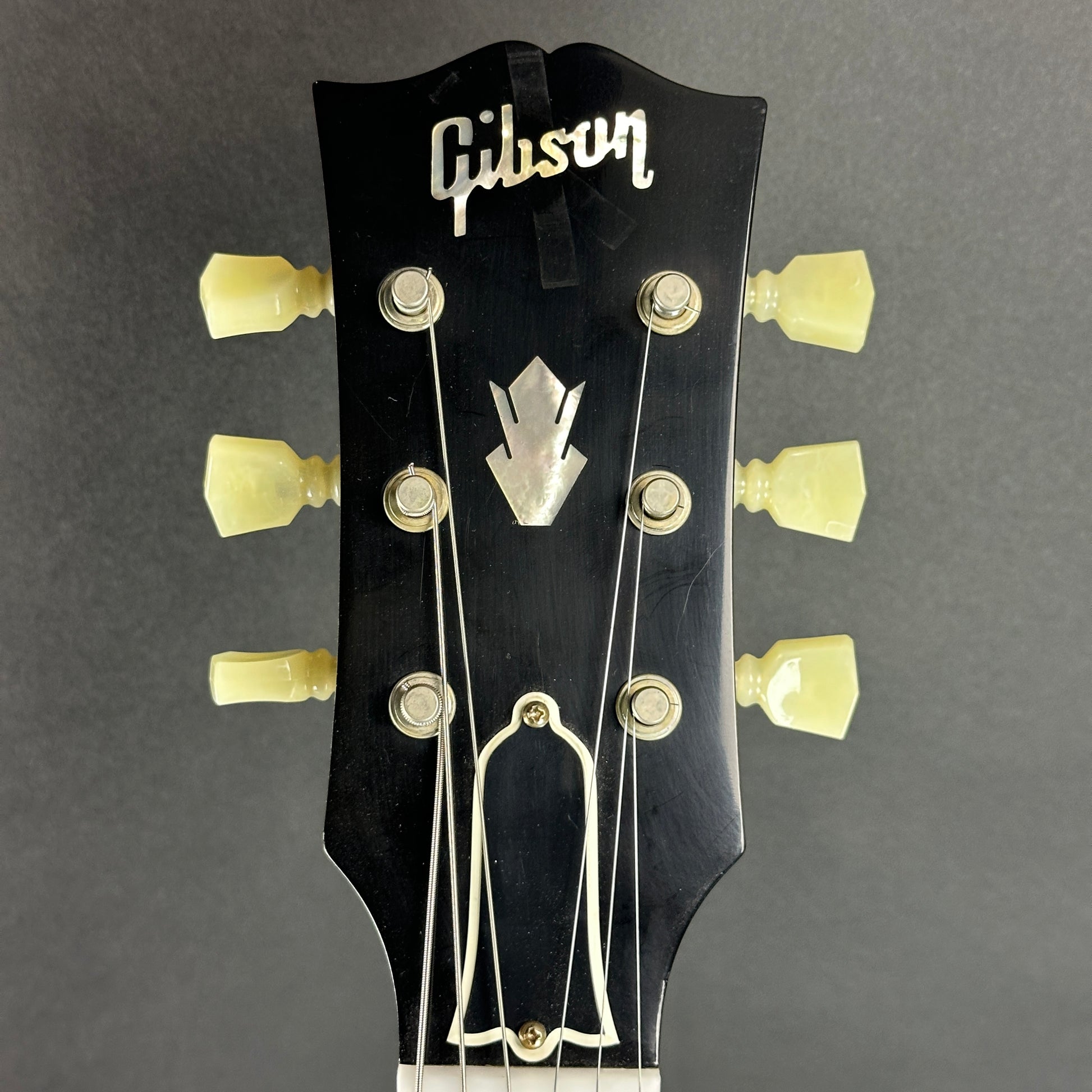 Front of headstock of Used 2021 Gibson 61 ES-335 Sunburst.