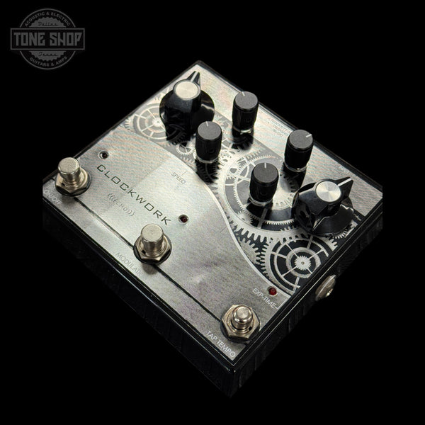 Guitar effects pedal with 'Clockwork' branding on a black background