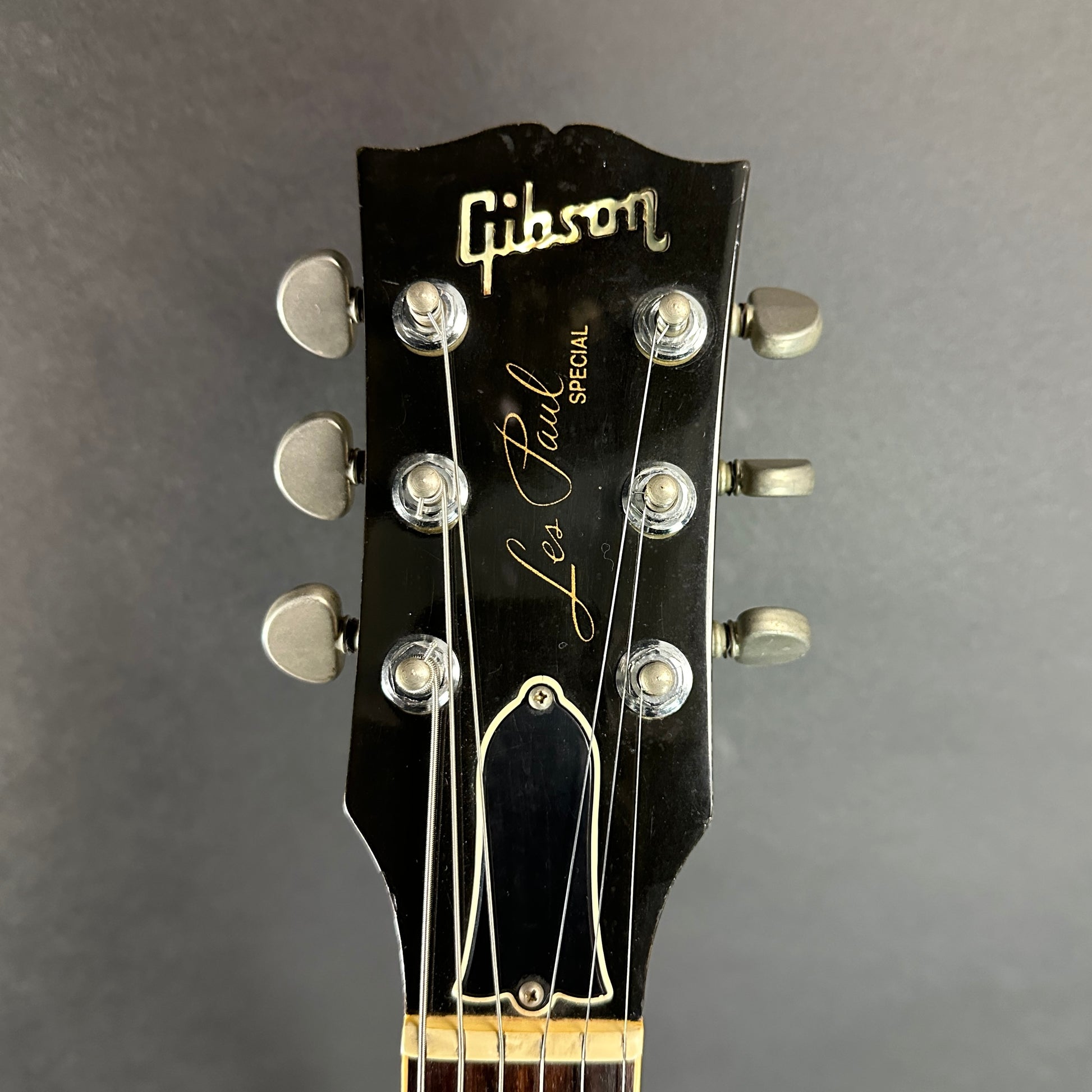 Front of headstock of Used 1989 Gibson Les Paul Special Burst.