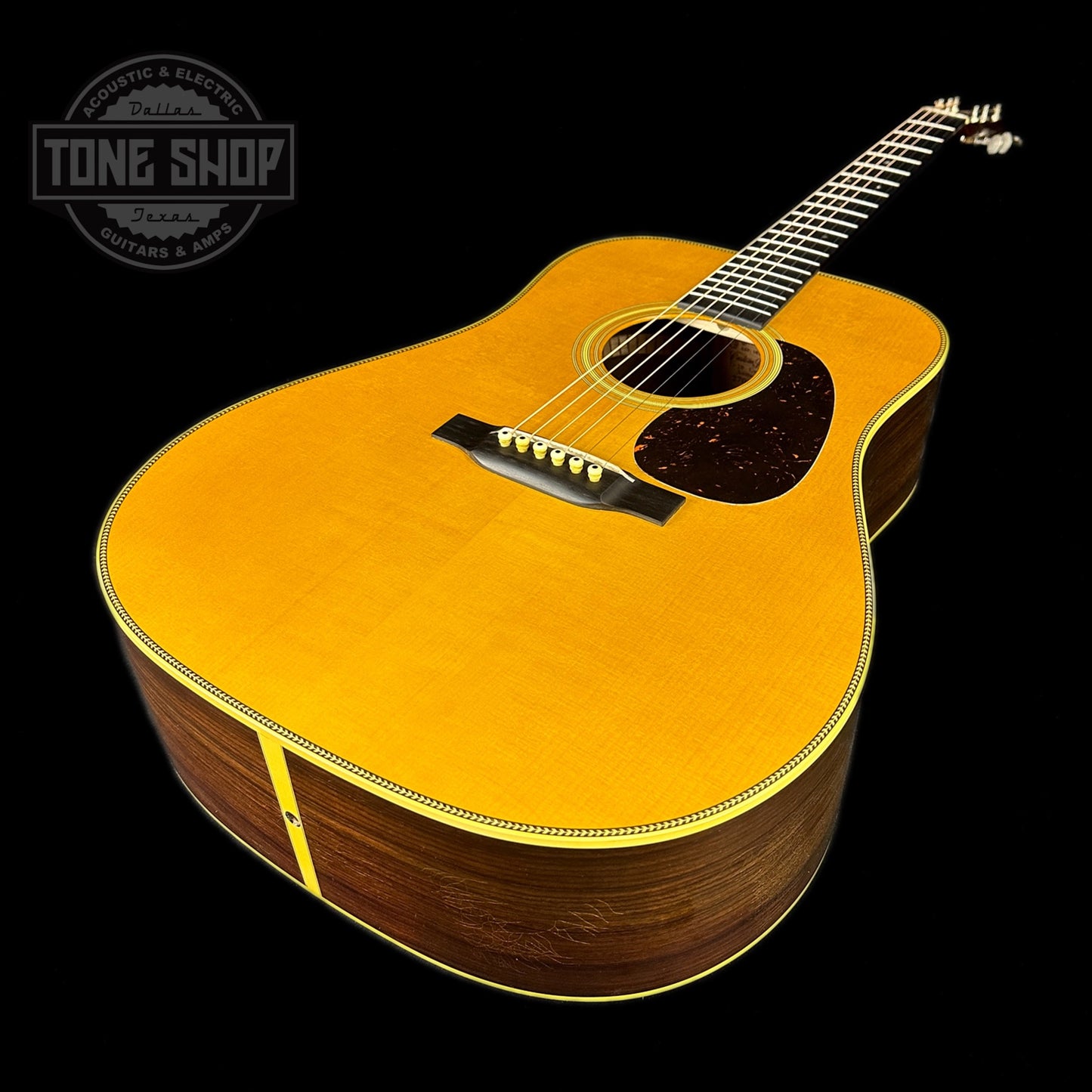 Front angle of Martin Custom Shop D-28 Authentic 1937 Vintage Low Gloss w/Stage 1 Aging.