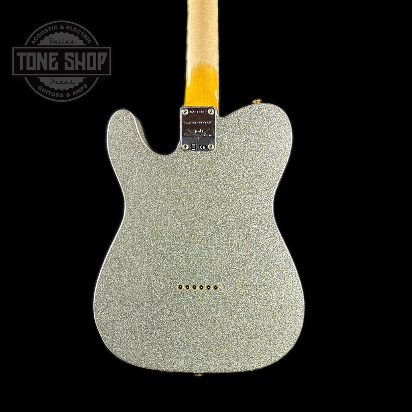 Back of body of Fender Custom Shop Limited Edition '60 Tele Journeyman Relic Aged Silver Sparkle.