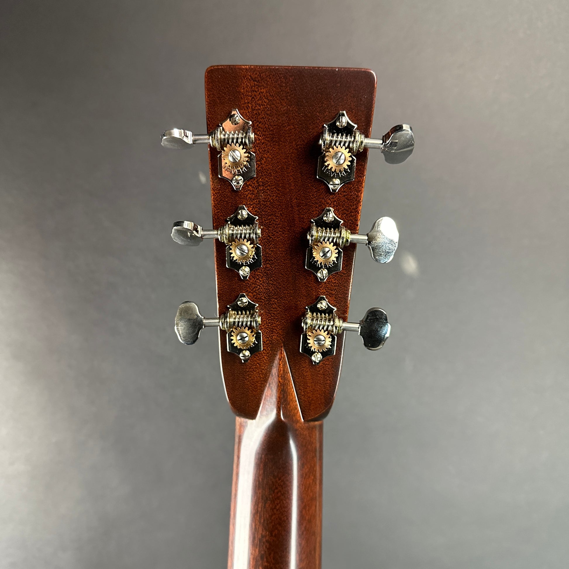Back of headstock of Used Martin Custom Shop D-28 1937 Vintage Low Gloss Ambertone.