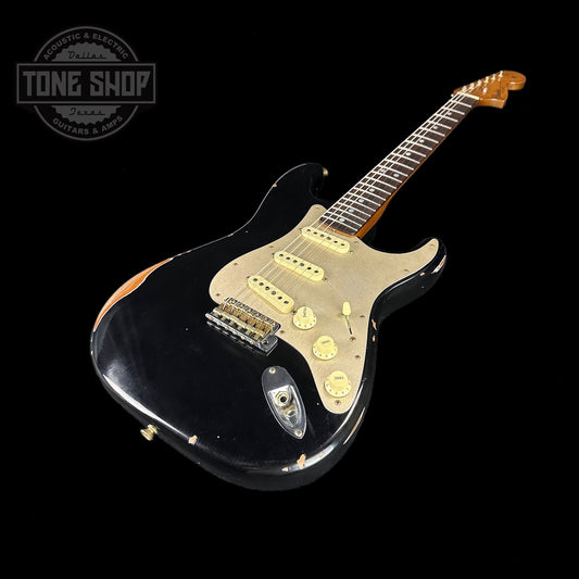 Front angle of Fender Custom Shop 2023 Collection Ltd Roasted Big Head Strat Relic Aged Black.