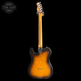 Electric guitar with a sunburst finish on a black background, featuring the Tone Shop logo.