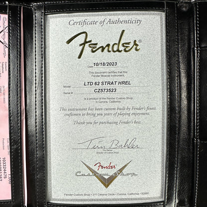 Certificate of authenticity for Fender Custom Shop Limited Edition '62 Strat Heavy Relic Aged Candy Apple Red Over 3 Color Sunburst.