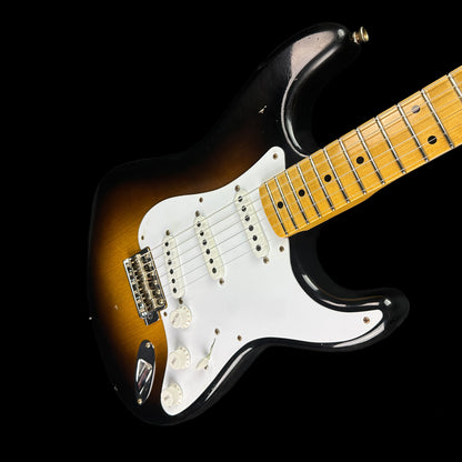 Front angle of Fender Custom Shop LTD 70th Anniversary 1954 Stratocaster Journeyman Relic 2-Color Sunburst.