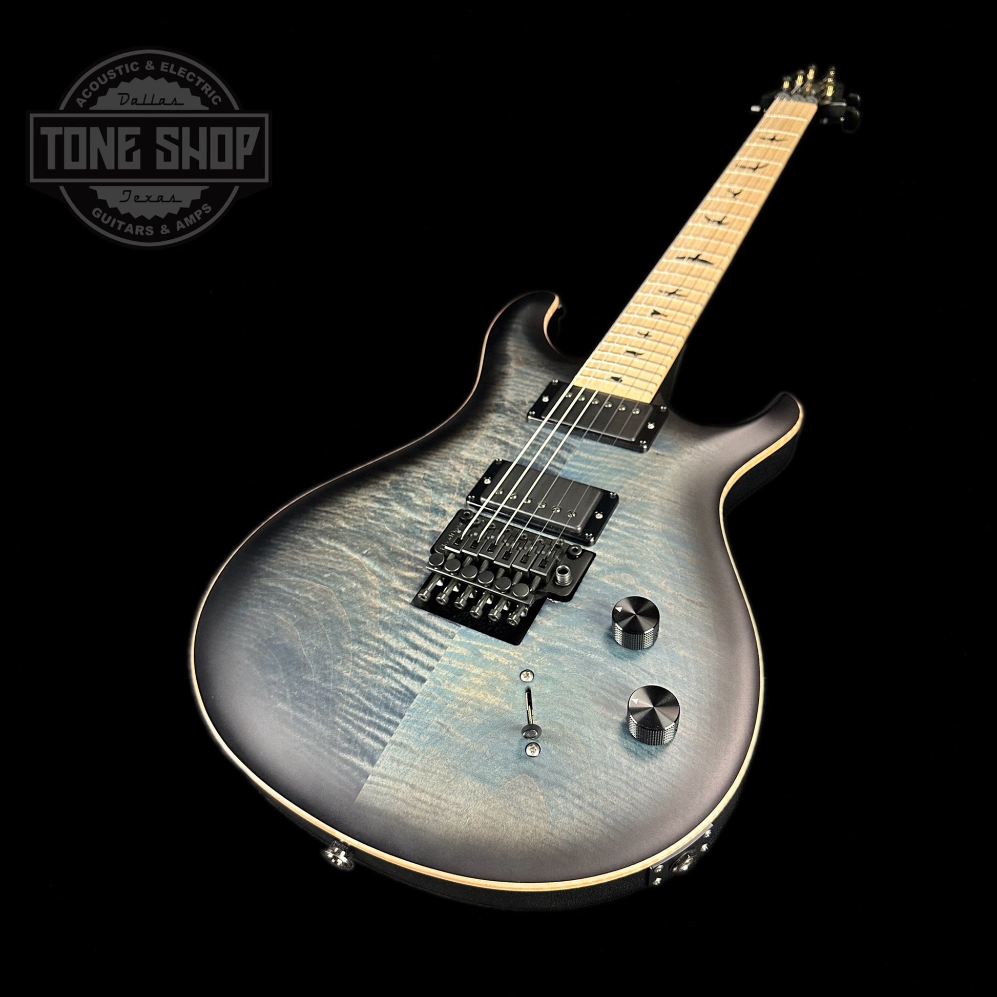 Front angle of PRS Paul Reed Smith Dustie Waring CE24 Floyd Faded Whale Blue Smokeburst.