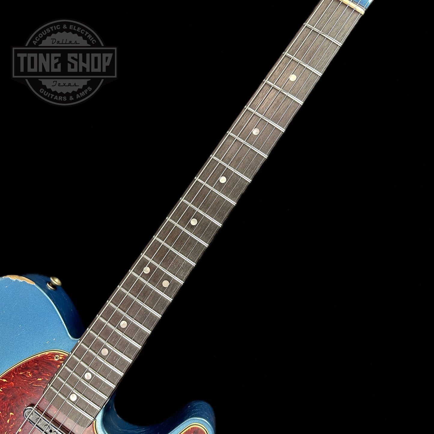 Fretboard of Fender Custom Shop Limited Edition '64 Tele Relic Aged Lake Placid Blue.