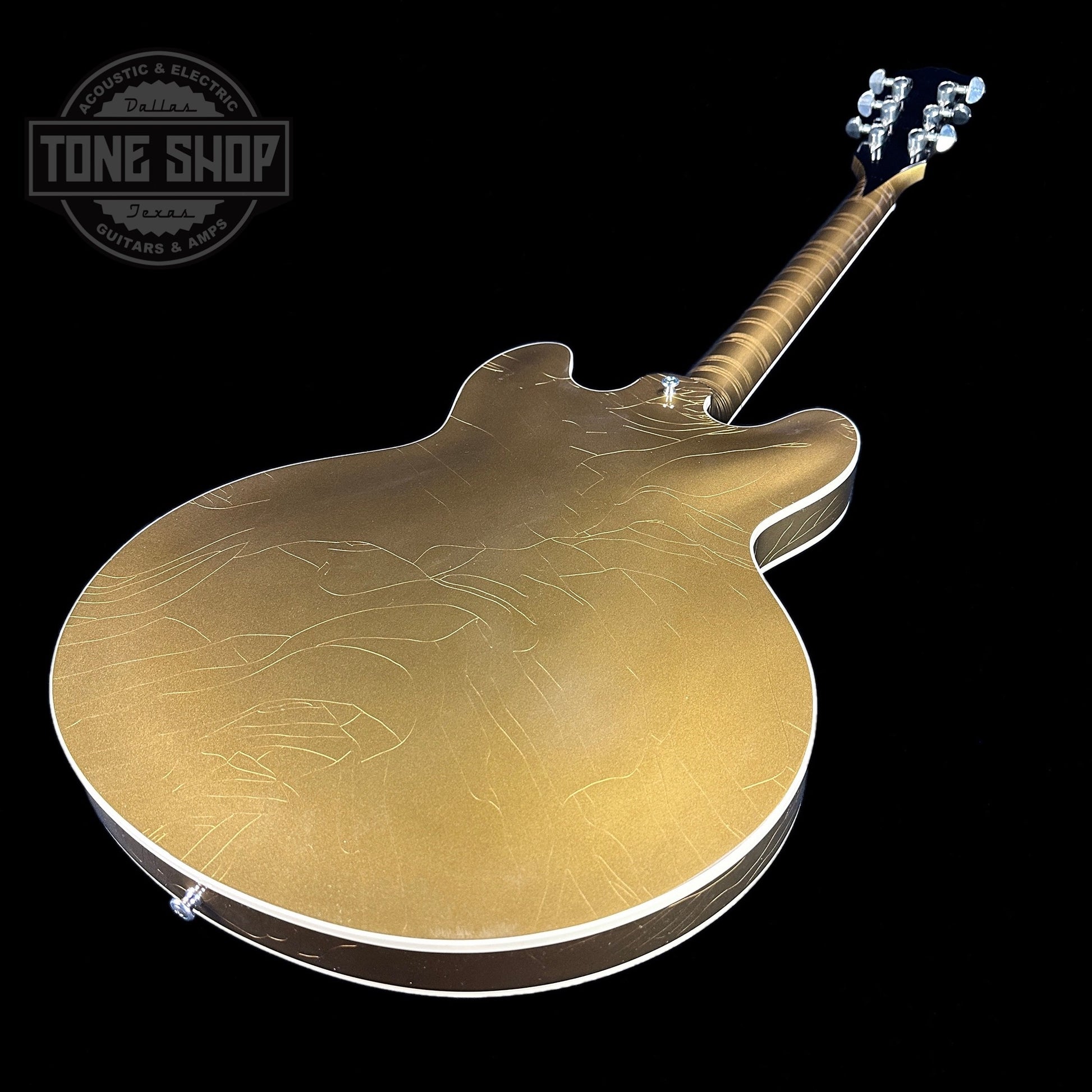 Back angle of Gibson Custom Shop M2M 1964 ES-335 Reissue Double Gold w/Black Stinger Murphy Lab Ultra Light Aged.