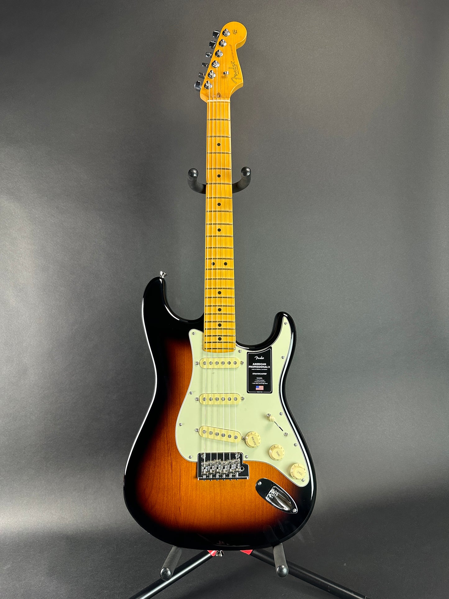 Full front of Used 2023 Fender American Pro II Stratocaster Maple 2 Tone Sunburst.
