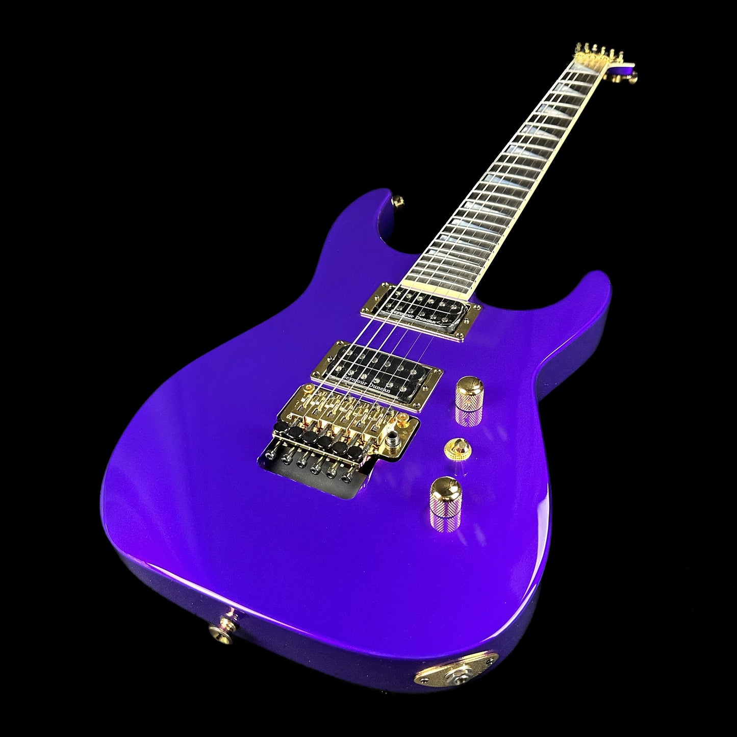 Front angle of Jackson Custom Shop SL 2H Floyd Rose Purple Metallic.