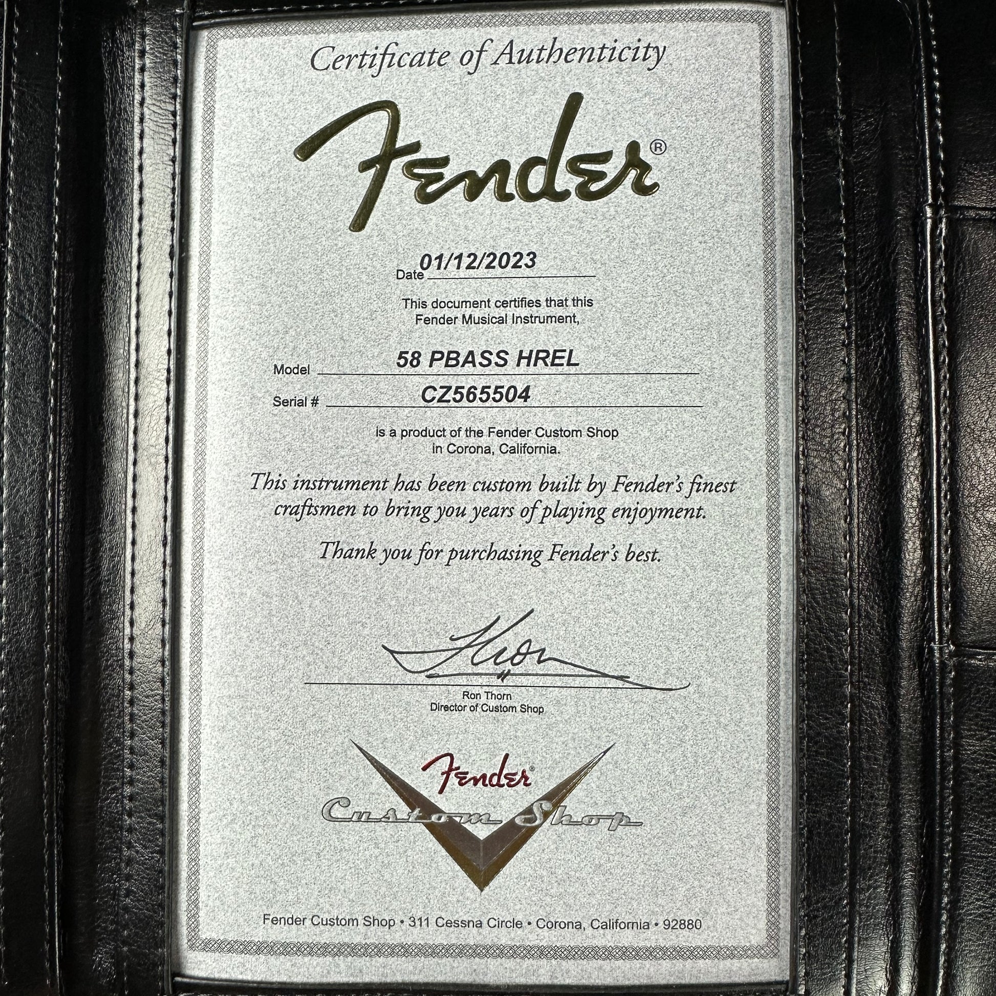 Certificate of authenticity of Used Fender Custom Shop '58 Precision Bass Heavy Relic Black.