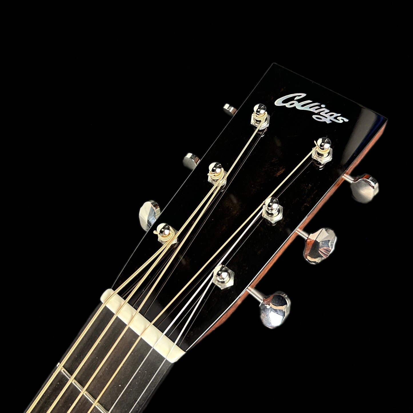 Front of headstock of Collings D1 Natural Sitka/Mahogany.