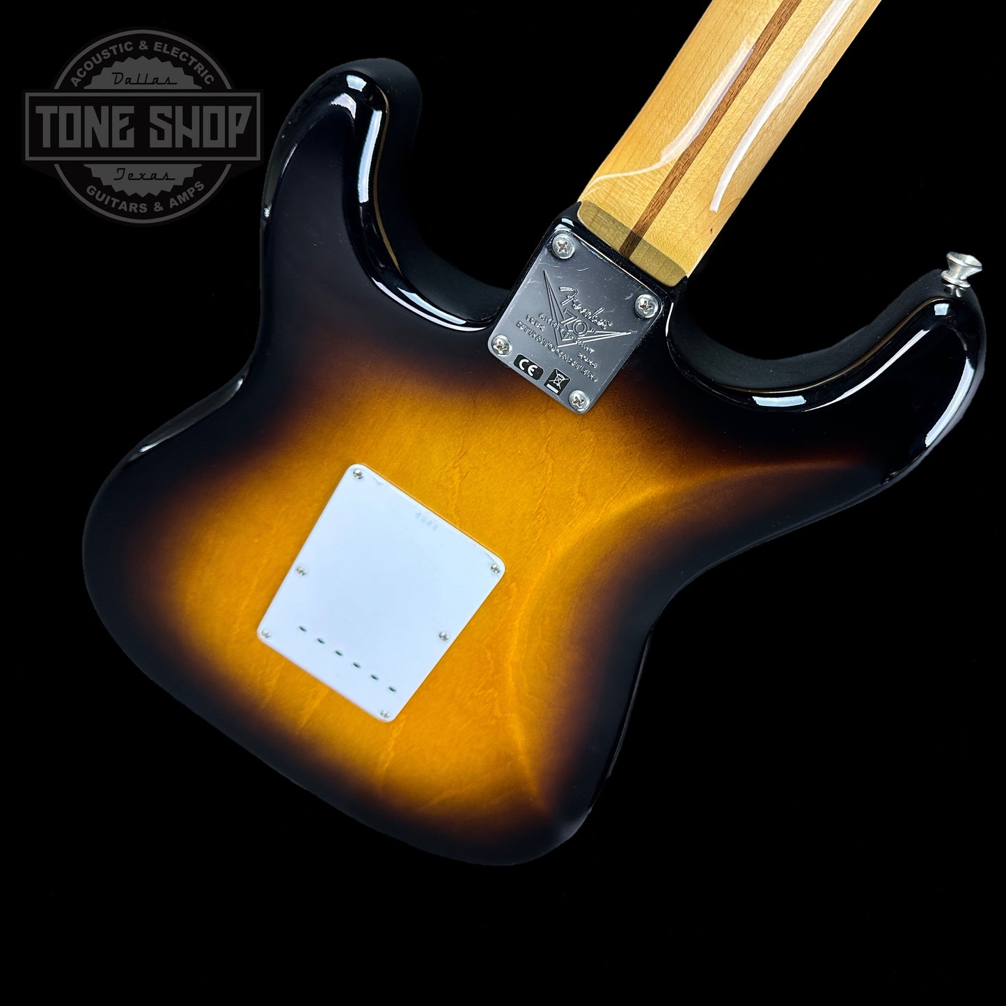 Back angle of Fender Custom Shop LTD 70th Anniversary 1954 Stratocaster Time Capsule 2-Color Sunburst.