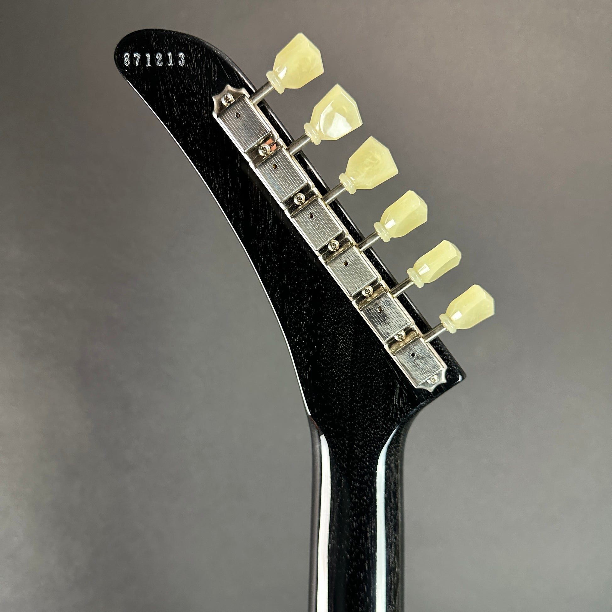 Back of headstock of Used 2017 Gibson Custom Explorer Black Doghair.