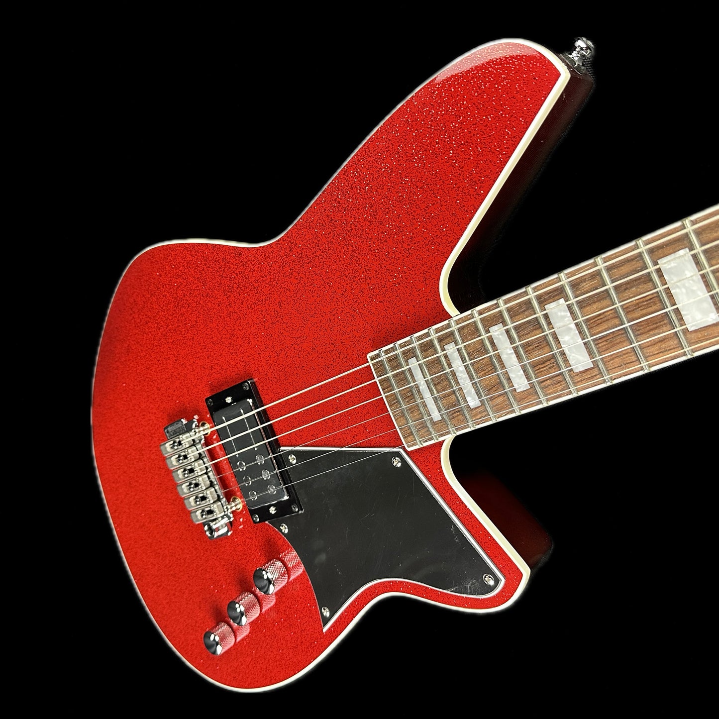 Front angle of Reverend Bayonet Custom RA Red Sparkle RW Tone Shop Exclusive.