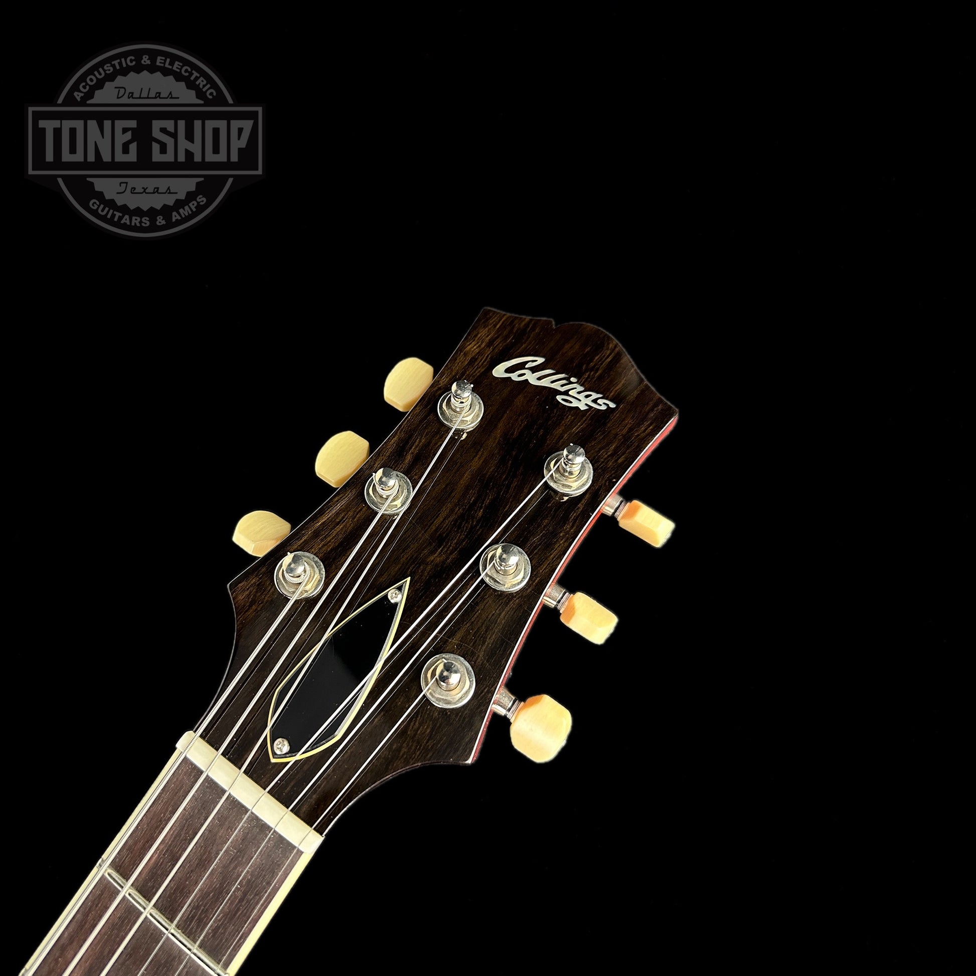 Front of headstock of Collings I35-LC Vintage Faded Cherry.