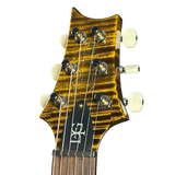 Guitar headstock with tortoiseshell finish and visible brand logo on a white background