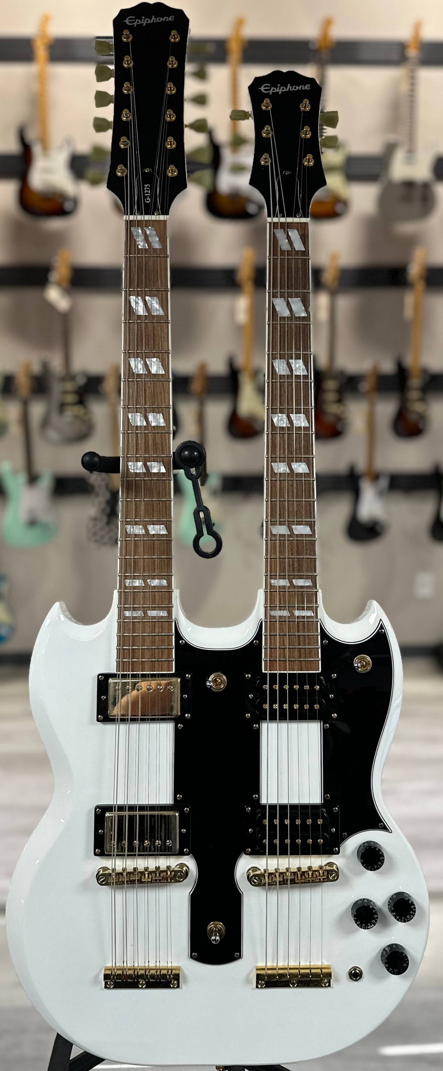 Full front of Used 2018 Epiphone G-1275 Double Neck Classic White w/case TSS4006