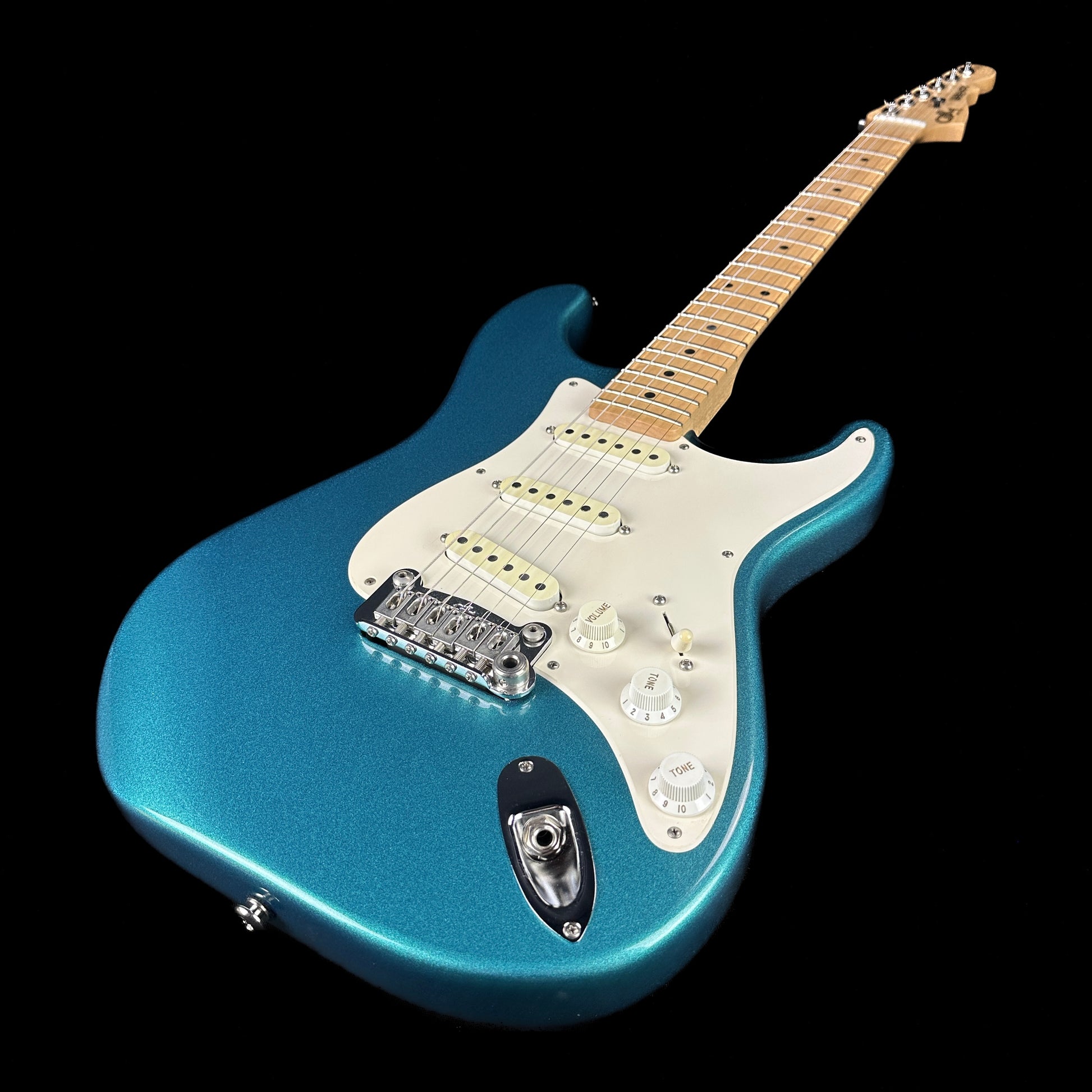 Front angle of Used G&L USA Legacy Ocean Turquoise.