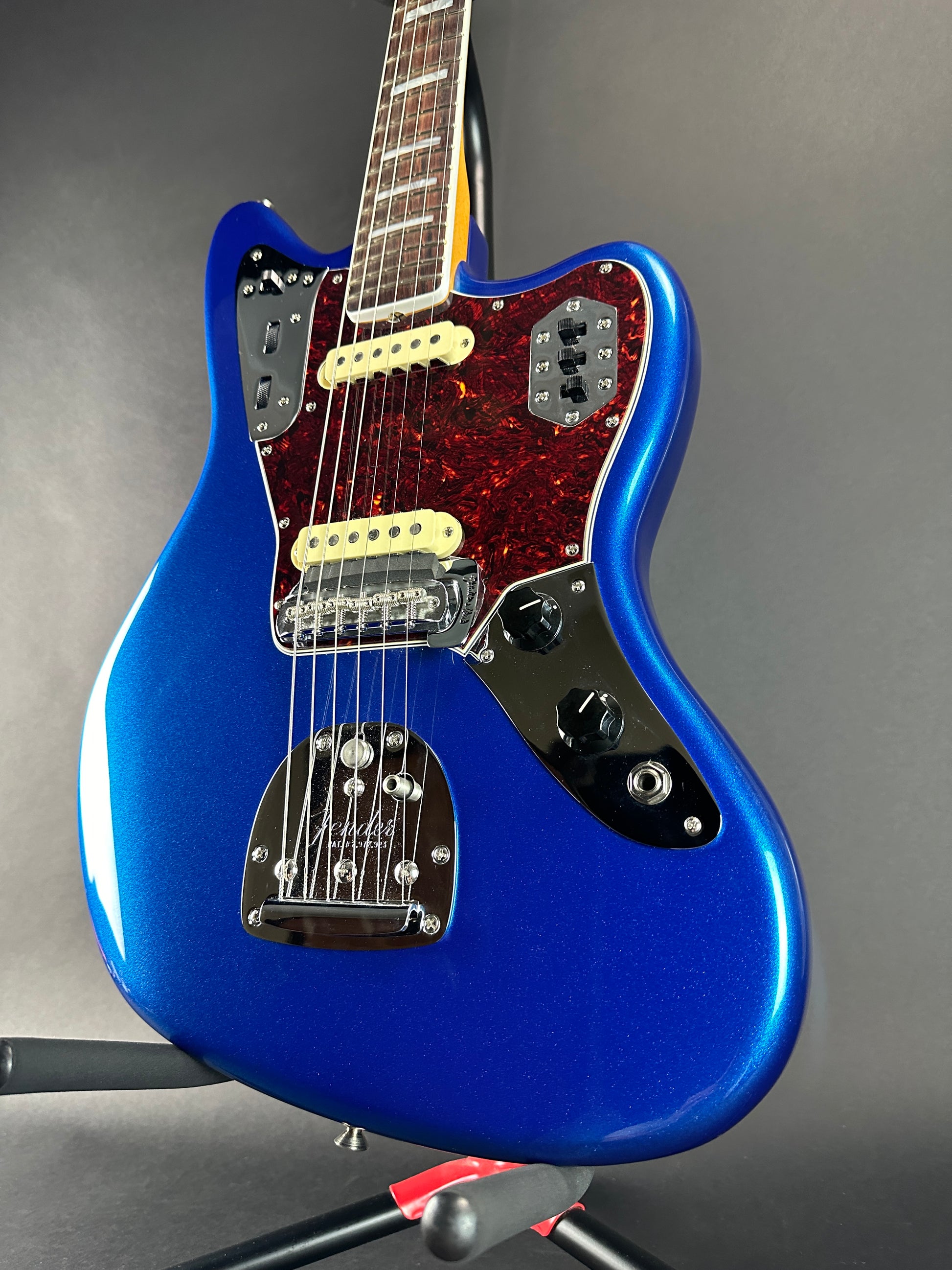 Front angle of Used Fender 60th Anniversary Jaguar Mystic Lake Placid Blue.