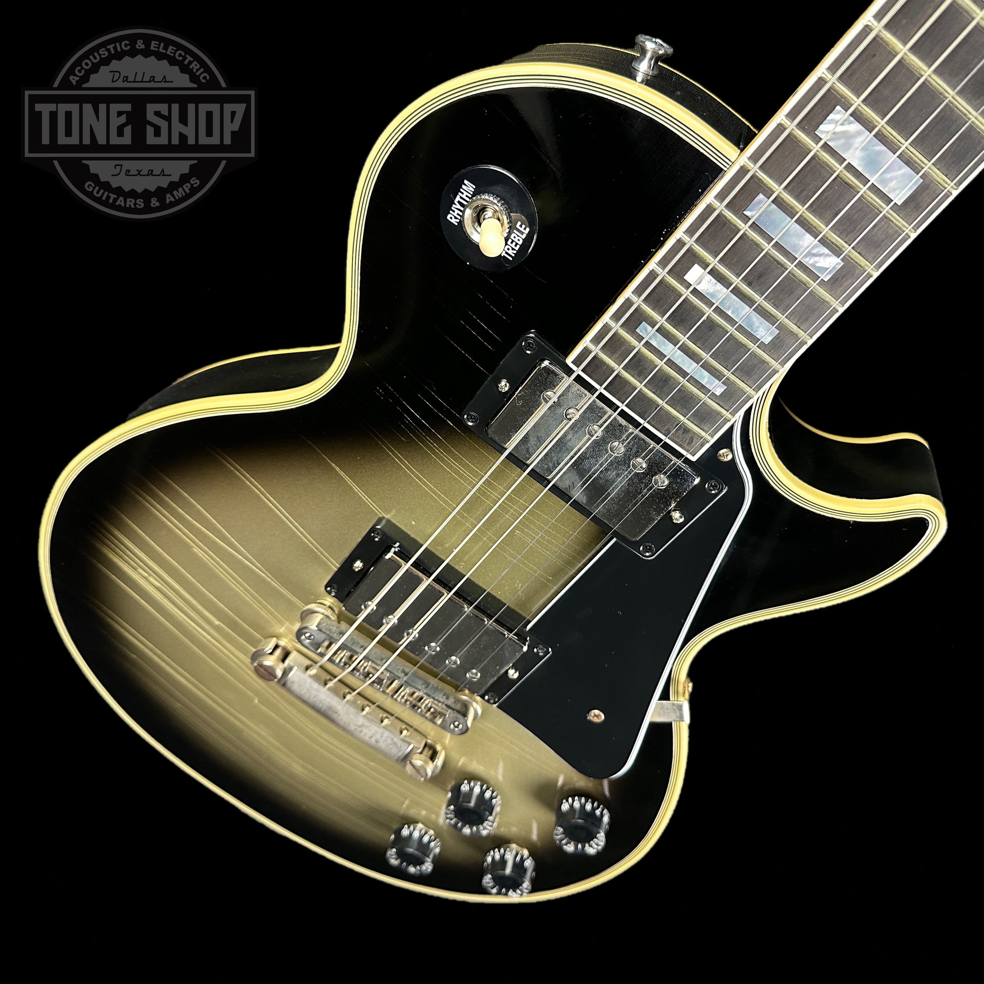 Front angle of Gibson Custom Shop Murphy Lab M2M Les Paul Custom Chambered Antique Silverburst Ultra Light Aged NH.