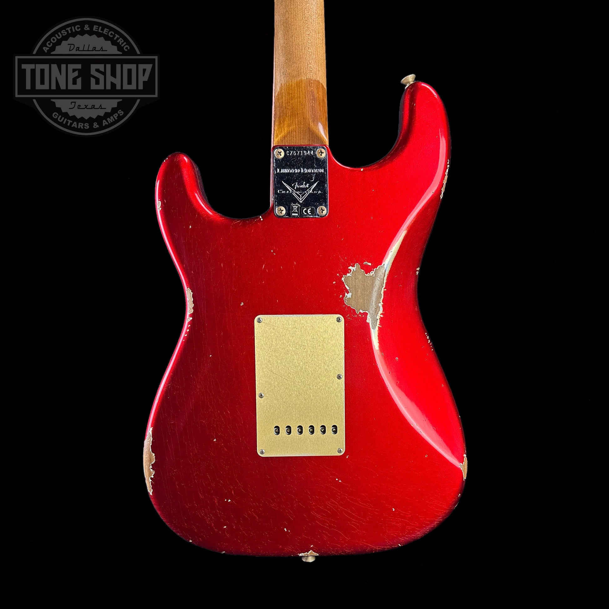 Back of body of Fender Custom Shop 2023 Collection Ltd Roasted Big Head Strat Relic Aged Candy Apple Red.