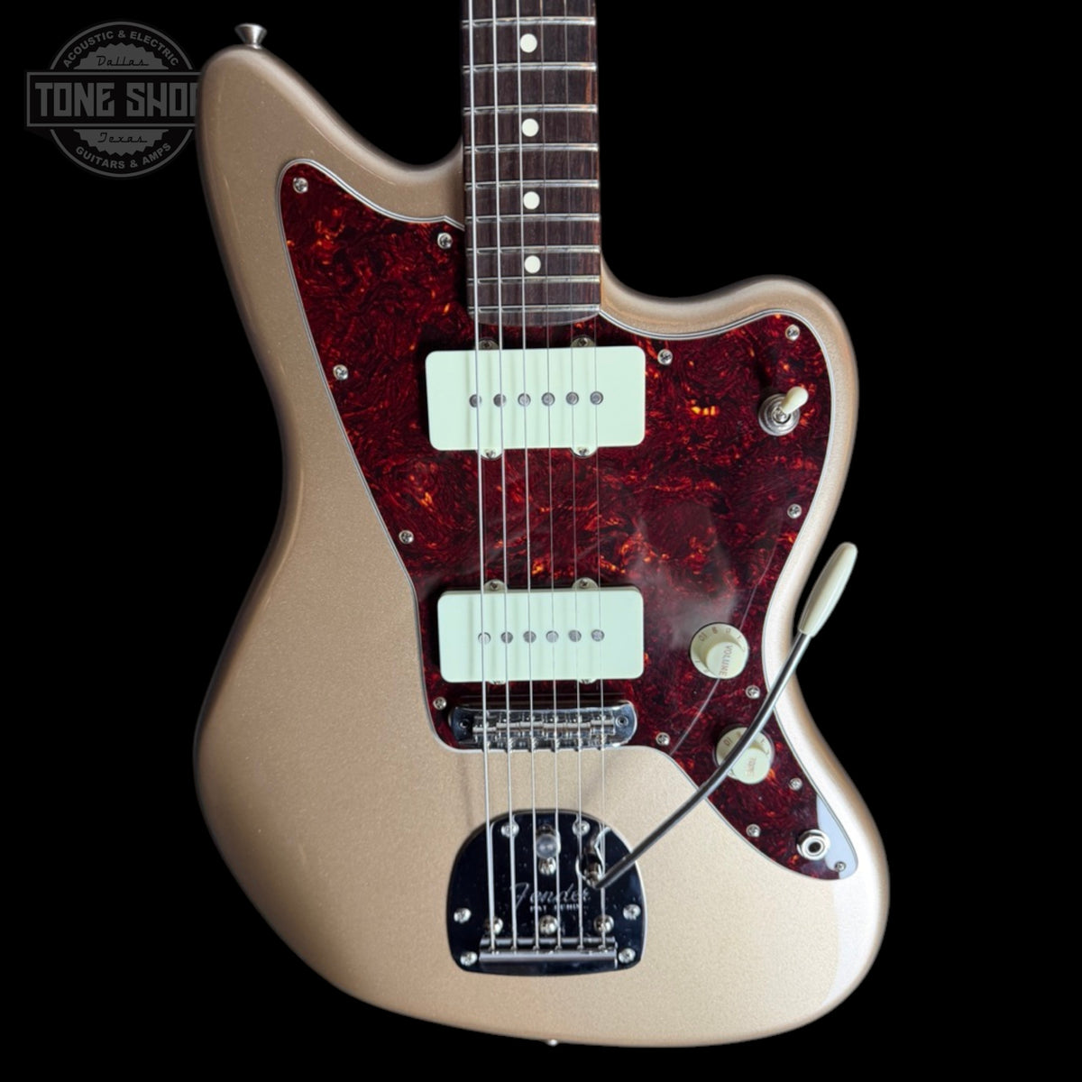 Front of Used 2025 Fender American Classic Jazzmaster Shoreline Gold.