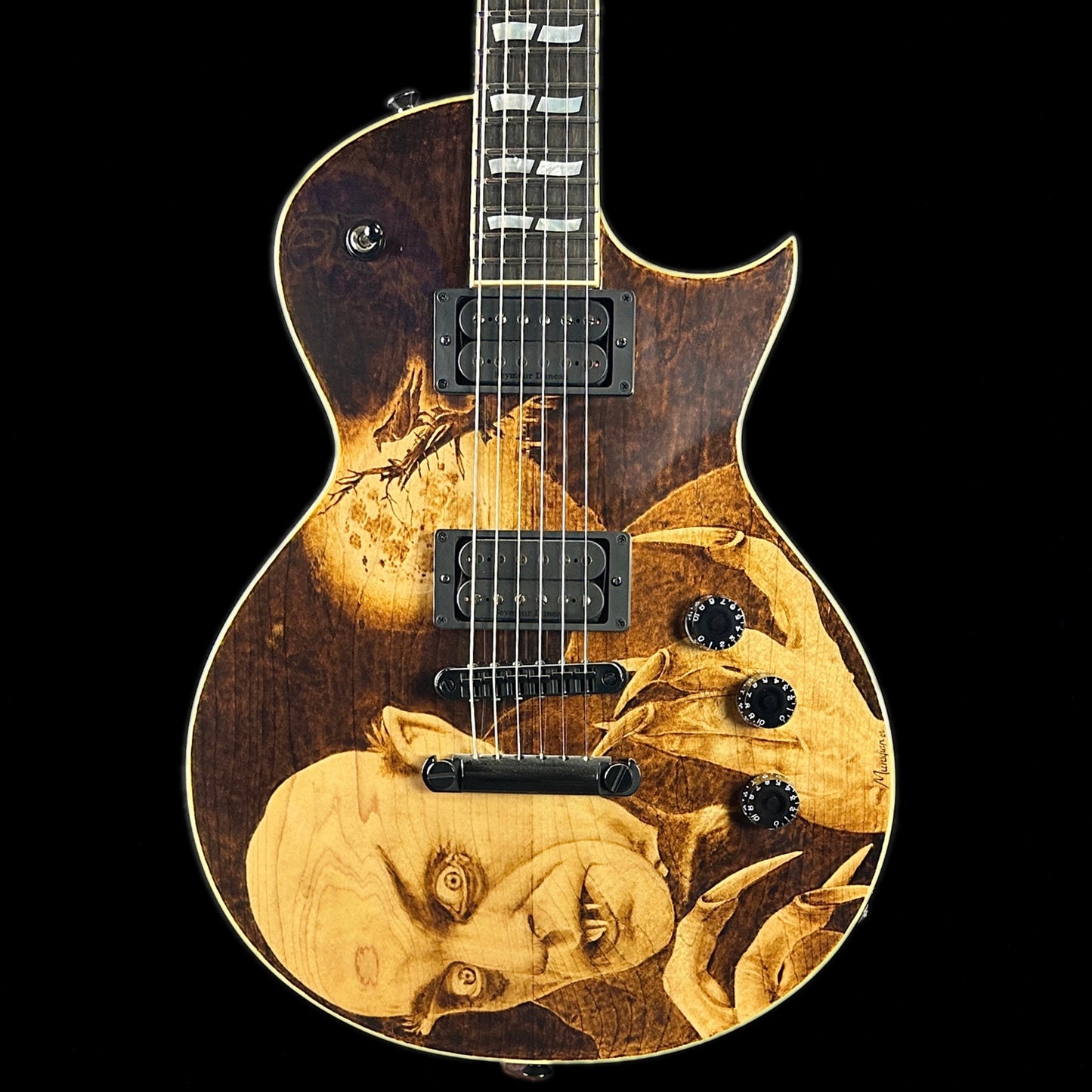 Front of body of ESP USA Nosferatu Limited Edition Pyrograph Series.