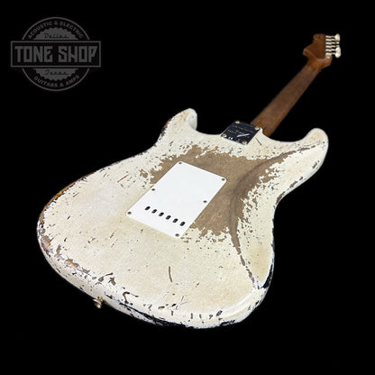 Back angle of Fender Custom Shop Limited Edition Roasted '60 Strat Super Heavy Relic Aged Olympic White Over 3 Color Sunburst.