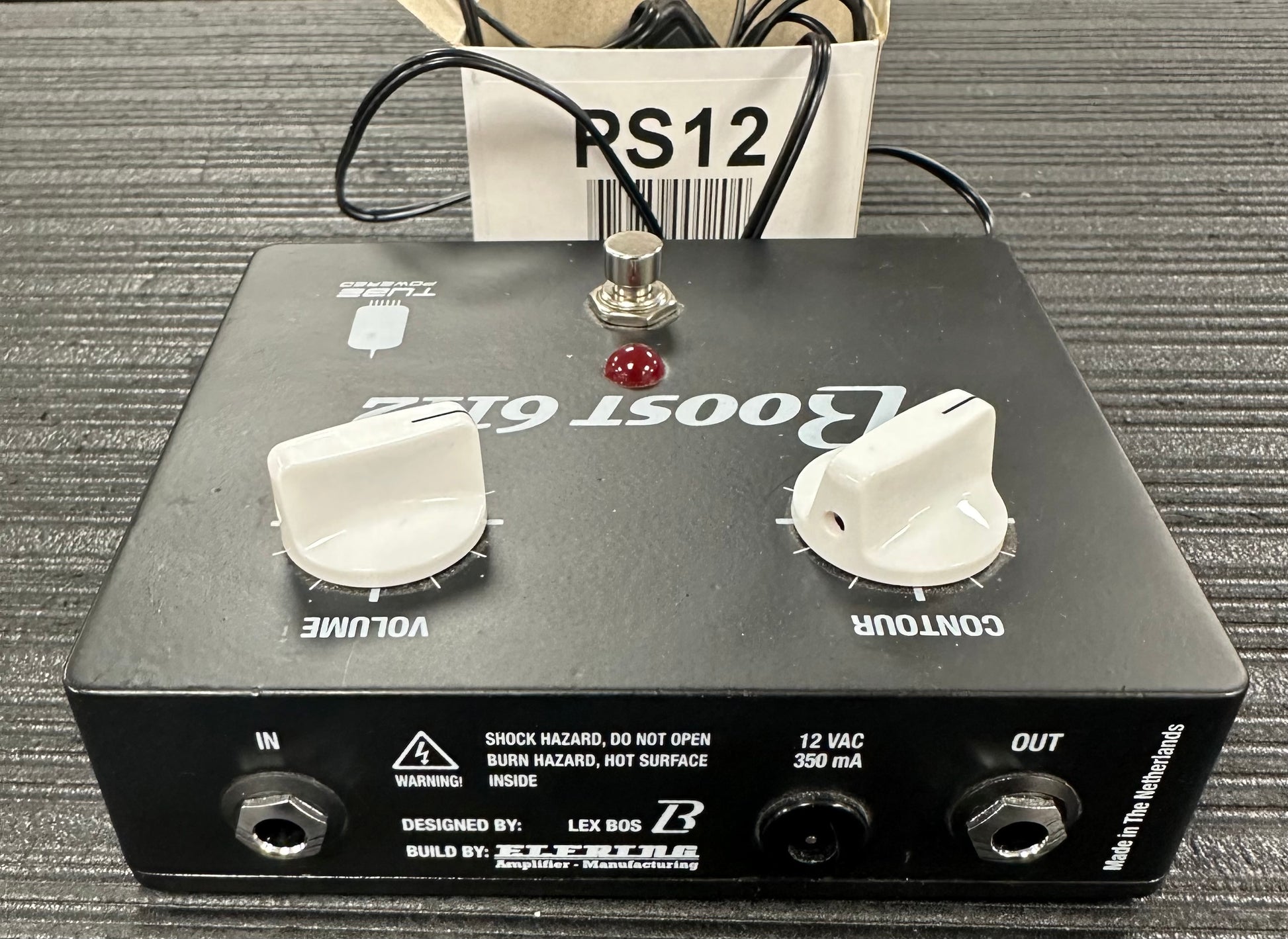 Back of Used Elfring Amps Boost 6112 Tube Powered Clean Boost Pedal w/12 Volt AC Power Supply TSS4012