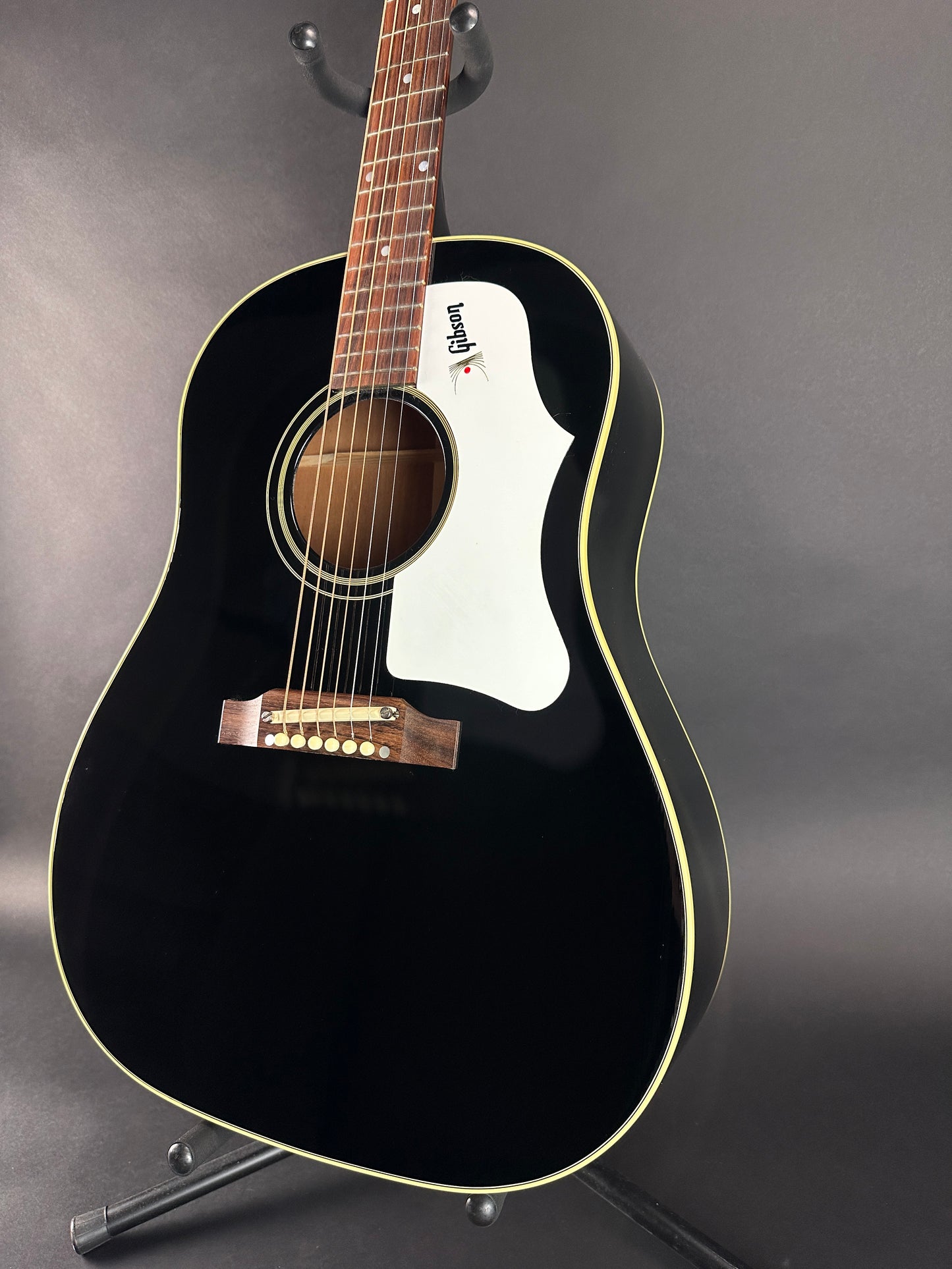 Front angle of Used 2010 Gibson 60s J-45 Original Ebony Adi Top.
