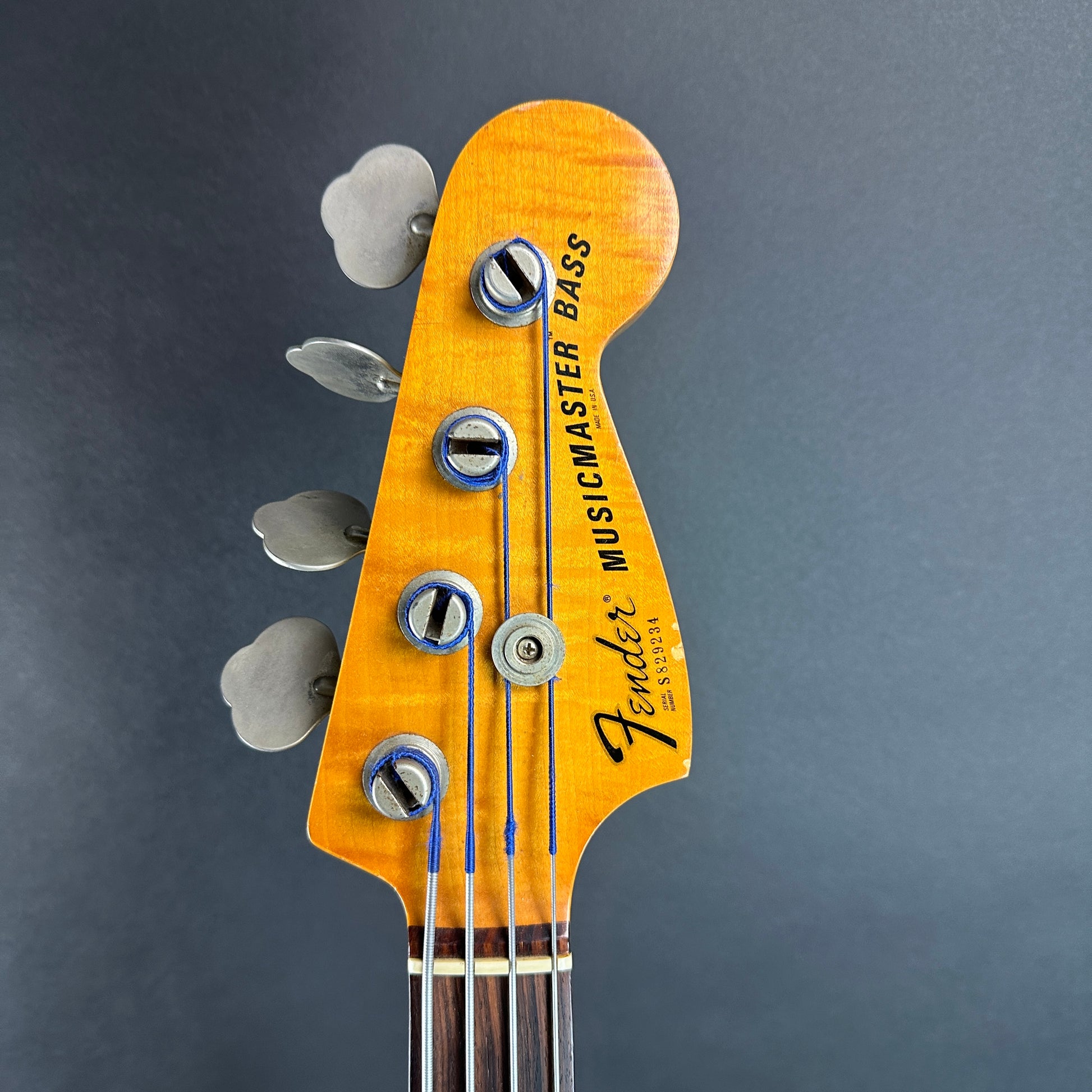 Front of headstock of Vintage 1978 Fender MusicMaster Bass