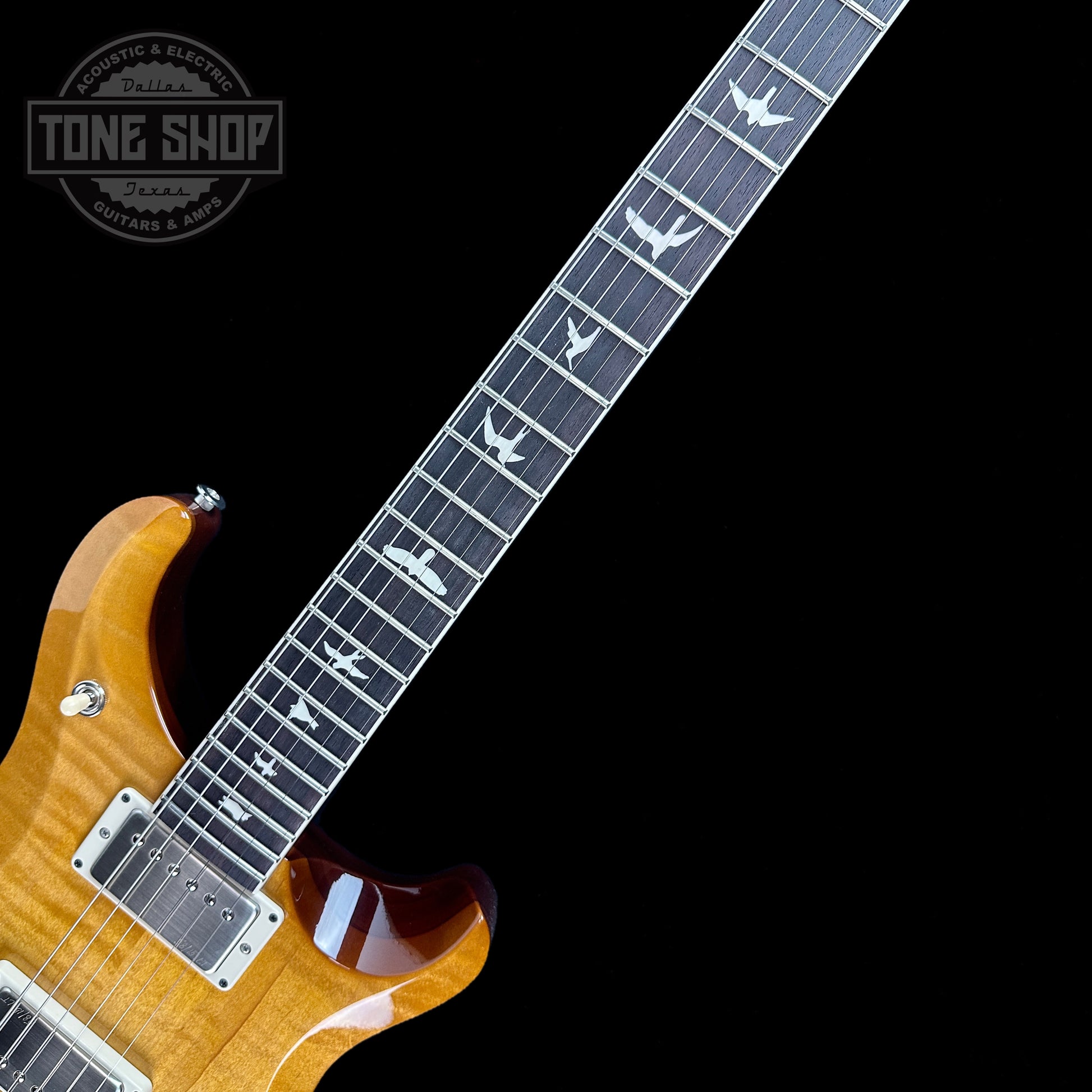 Fretboard of PRS S2 McCarty 594 Flame Top Honey.