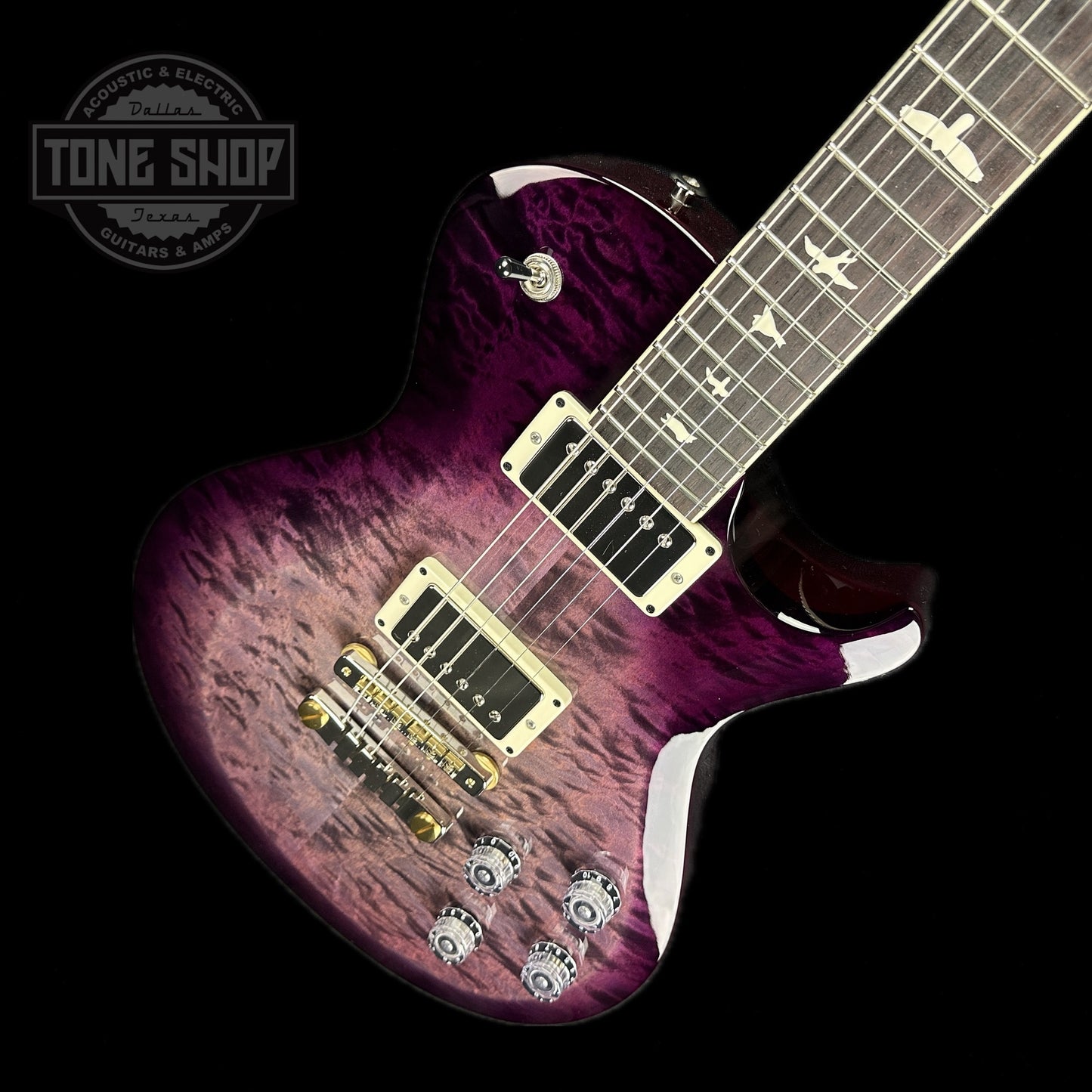 Front angle of PRS Paul Reed Smith S2 McCarty 594 Singlecut Quilt Faded Gray Black Purple Burst.