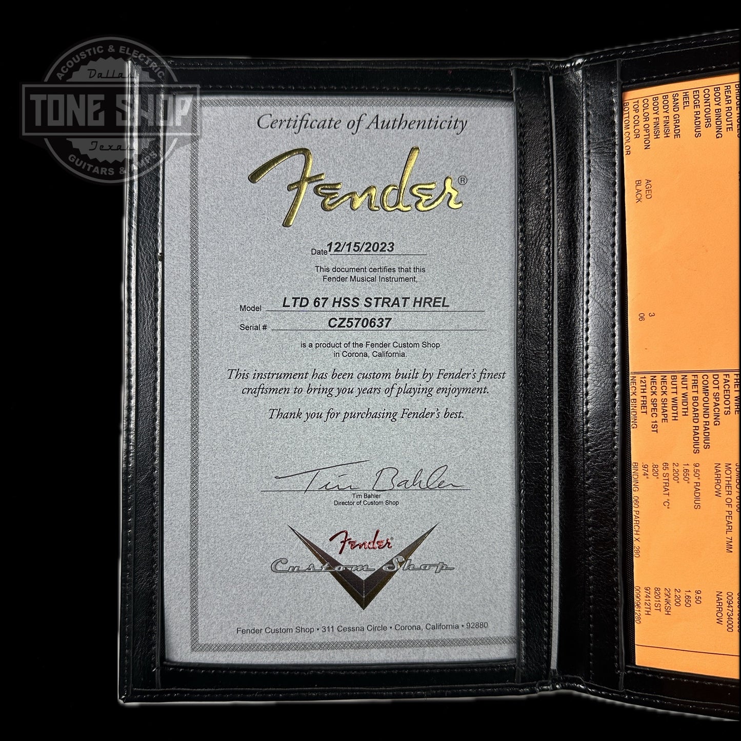 Certificate of authenticity for Fender Custom Shop Limited Edition '67 Hss Strat Heavy Relic Aged Black.
