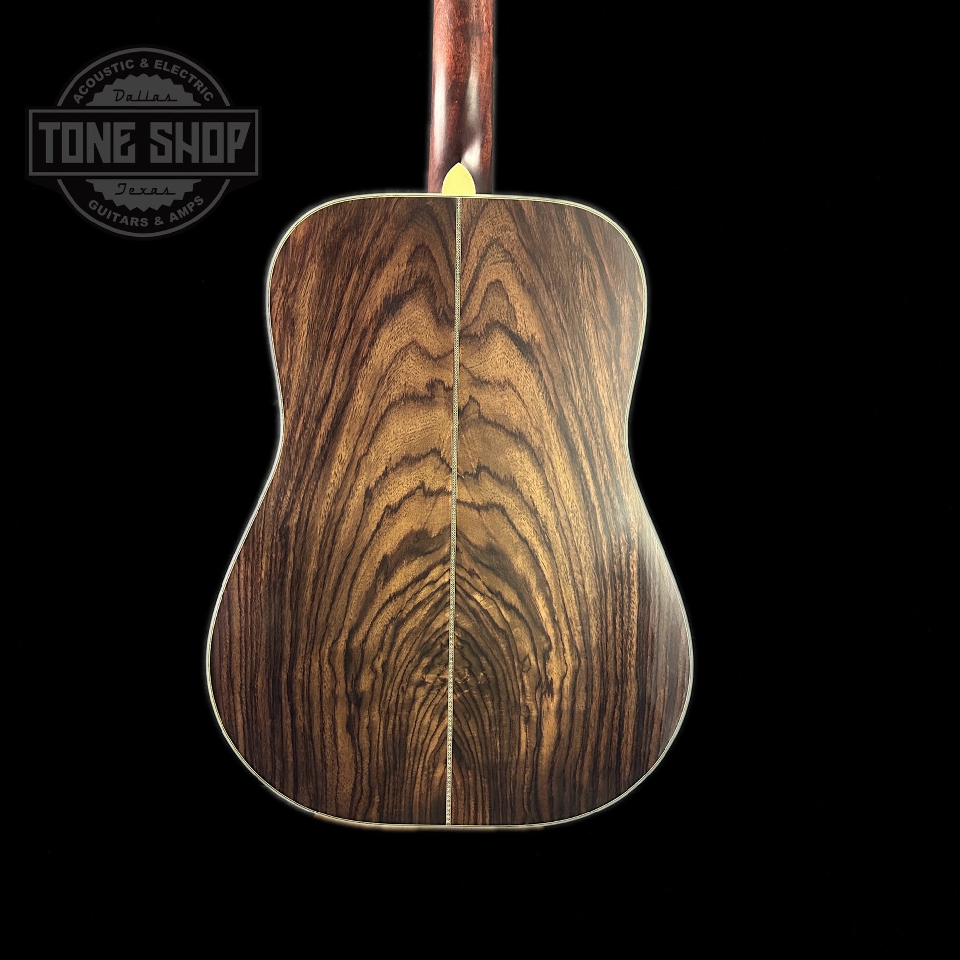 Back of body of Huss & Dalton Stageworn Relic TD-R Custom Thermo-cured Adirondack/Wavy East Indian Rosewood.